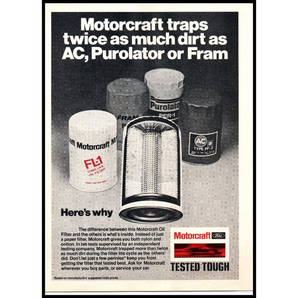 1976 Ford Motorcraft FL-1 Oil Filter Vintage Print Ad Man Cave Mechanic Wall Art